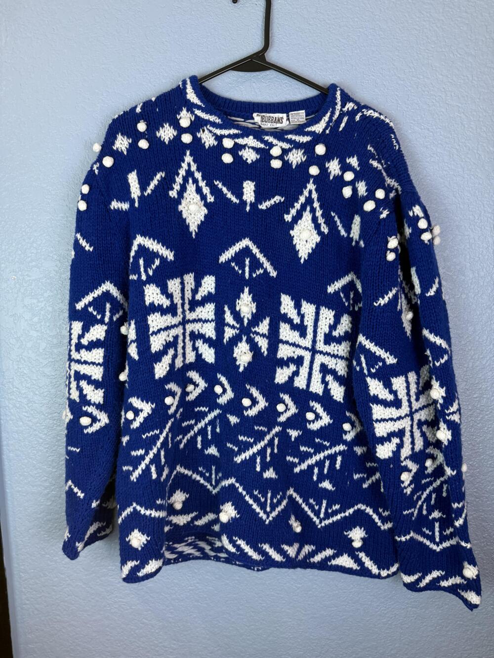 Vintage Country Suburbans Sweater Mens XL Blue White Nordic Knit Pullover 90s